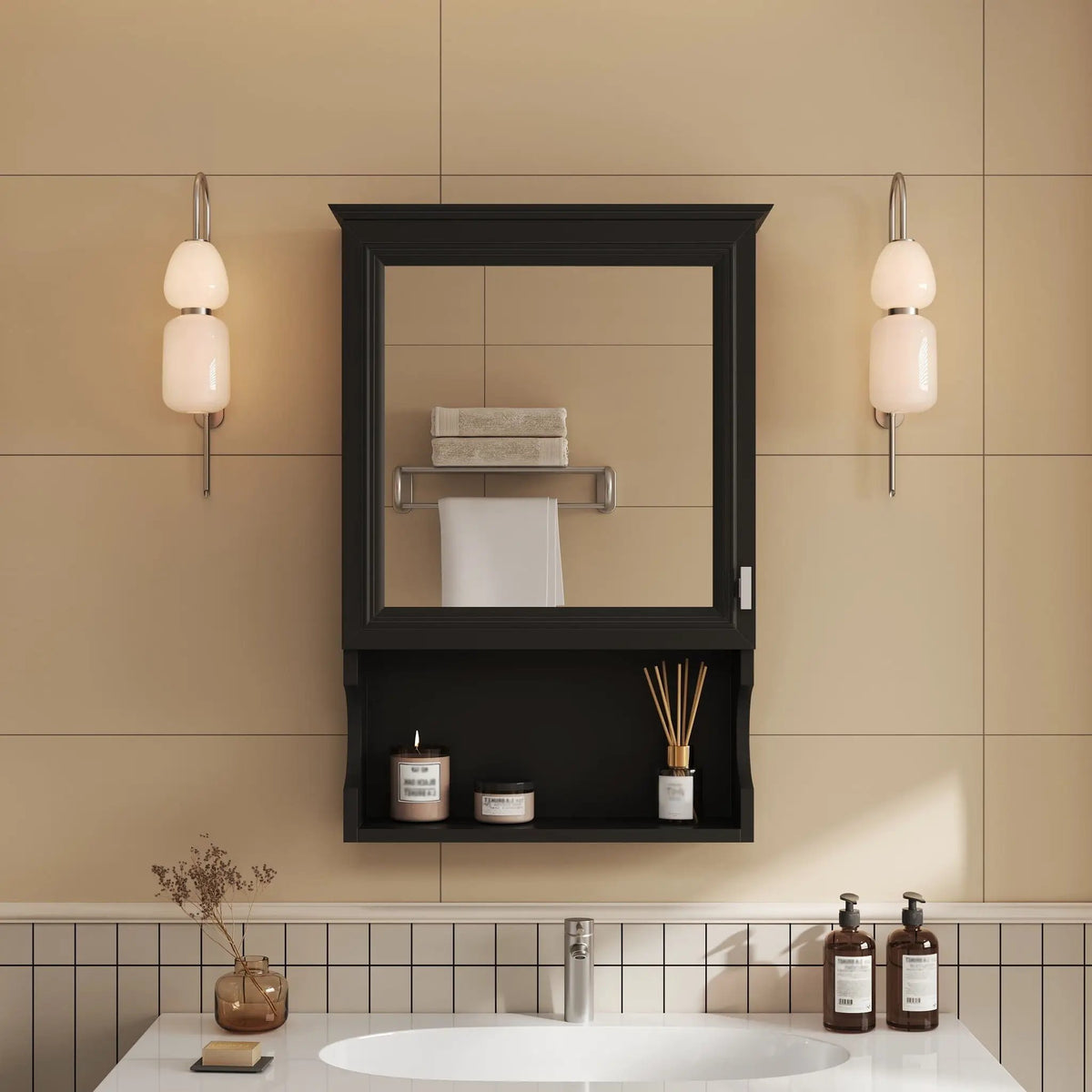 Half-Moon Wall Mounted Bathroom Cabinet | Mirror | Soft Closing Hinges | Open Shelving
