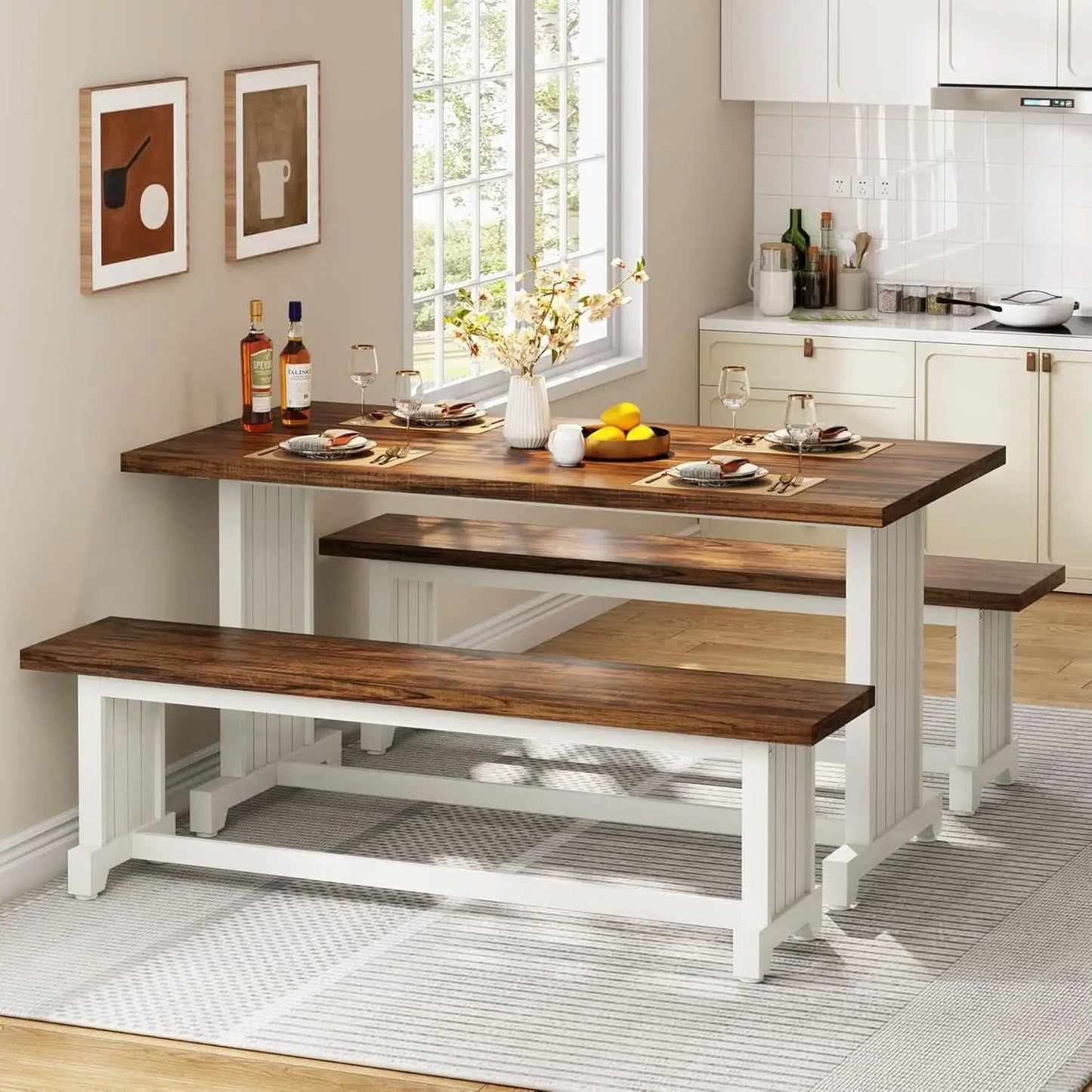 47 Inch Dining Table Set For 4 With 2 Benches Farmhouse White And Rustic Brown from PriceLows™