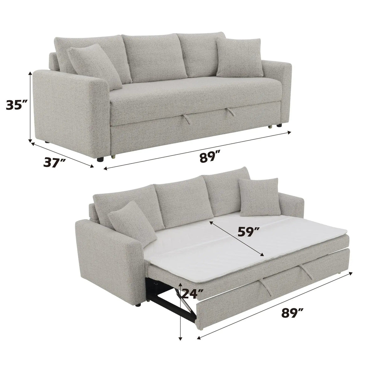 Connie Boucle Sleeper Sectional Sofa With 2 Toss Pillows | 37 x 89 x 35 in | Boucle & Fabric | Beige