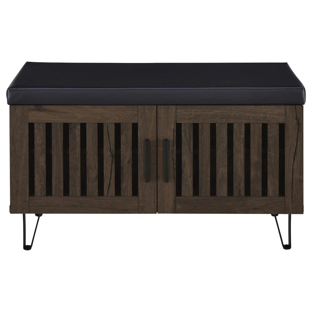 Brixton 2-door Padded Entryway Shoe Storage Bench Smoked Shoe Cabinet | 31.5 x 15 x 19 in | Faux Leather & Metal | Oak
