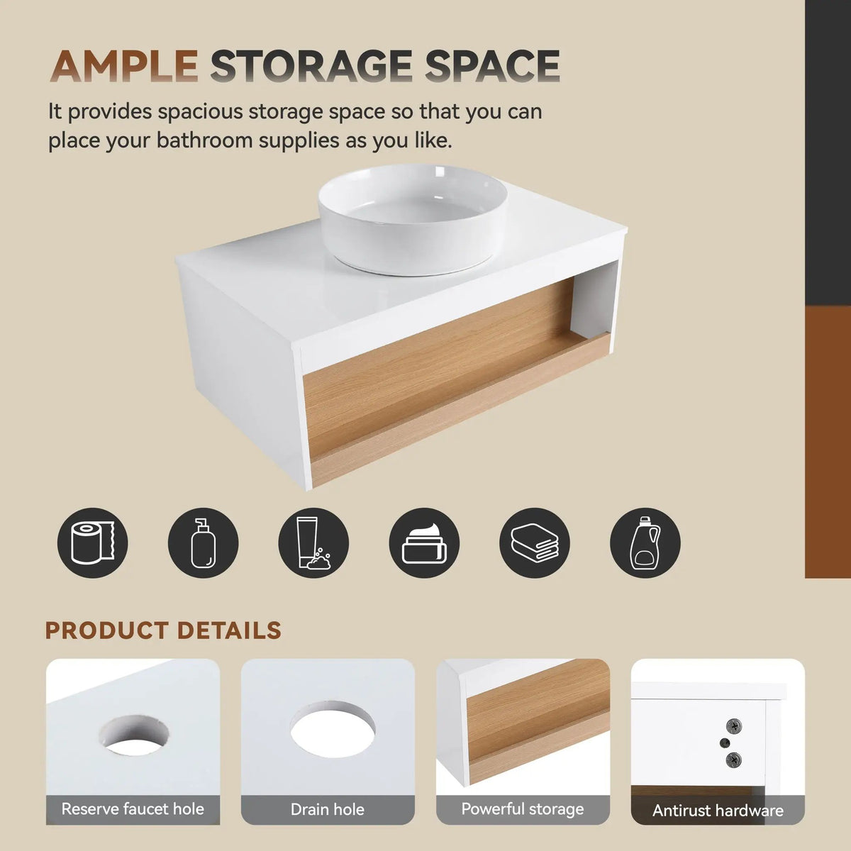 Floating Bathroom Vanity | Round Glossy Sink | Wall Mounted | Compact Design