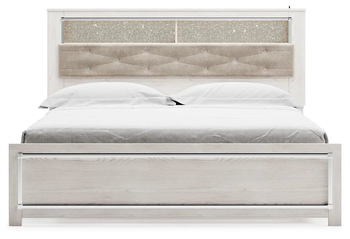 Altyra King Bookcase Panel Bed | Storage Bed | Engineered Wood & Polyester | White