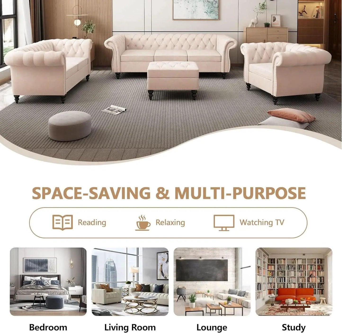 Beige Velvet 3 Piece Living Room Set With Chesterfield Sectional Sofa And Loveseat from PriceLows™