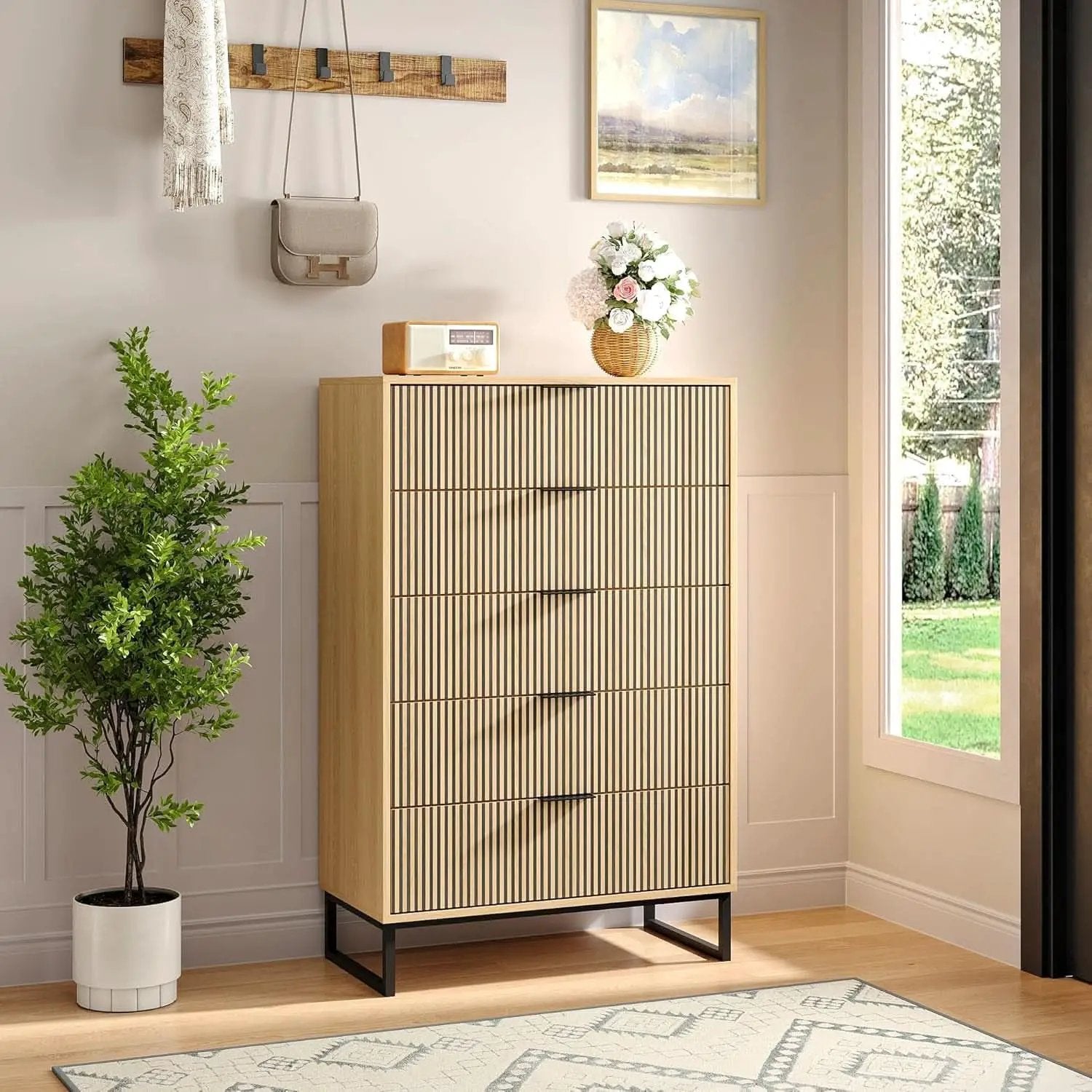 49.2 Inch Tall Five Drawer MatteNaturalFinish Dresser from PriceLows™