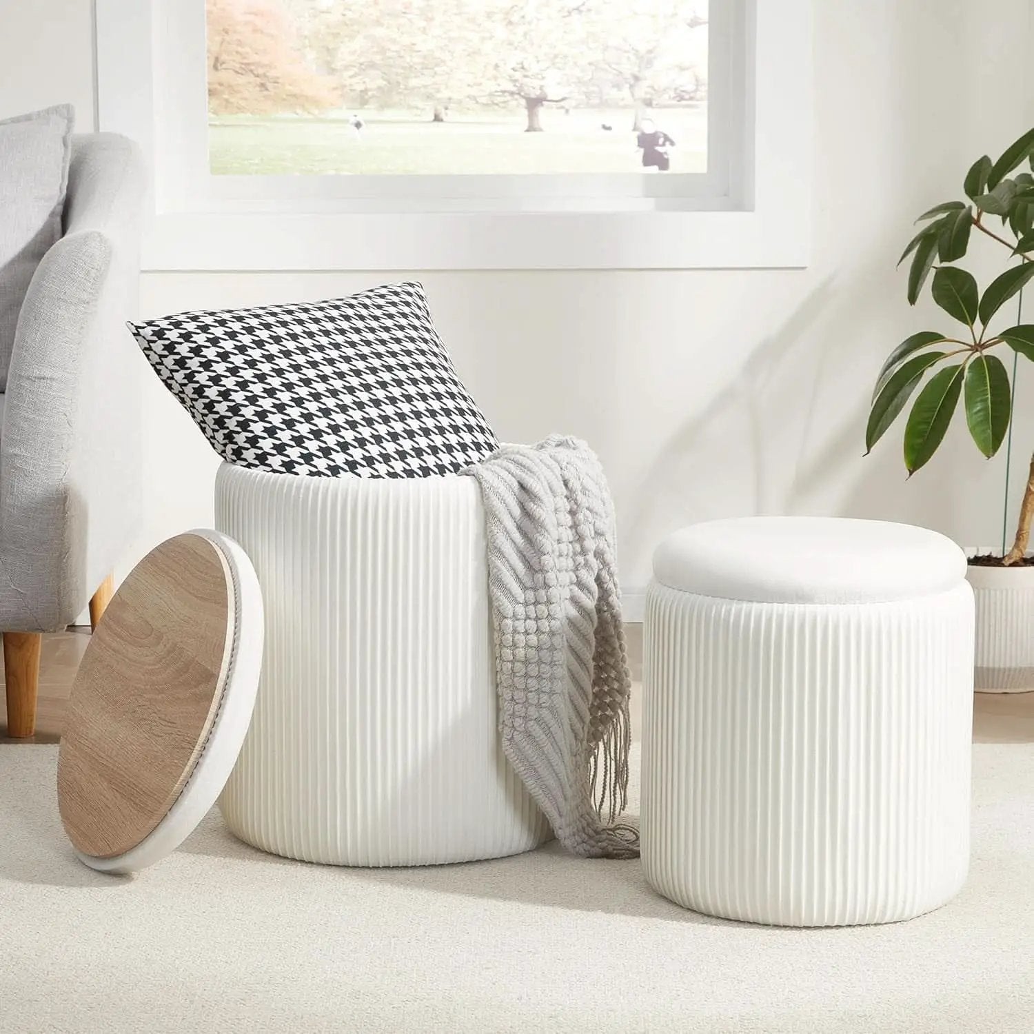 Compact Round Velvet Storage Ottoman TwoPack White from PriceLows™