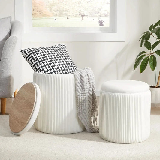 Compact Round Velvet Storage Ottoman TwoPack White from PriceLows™