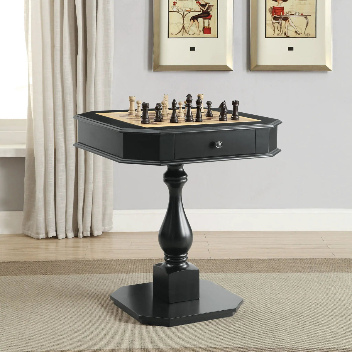 Bishop Chess Checker Game Table | Reversible 3-In-1 Game Tray | Two Drawers | Rich Finish