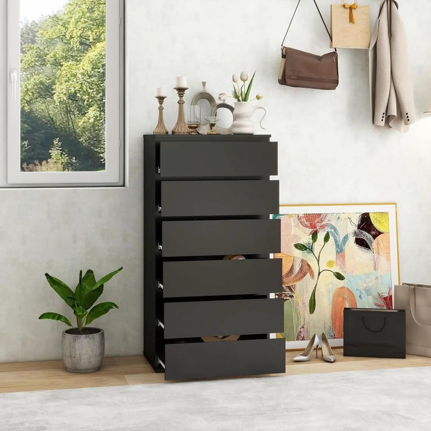Black Handleless Dresser With 6-Drawer Storage Cabinet from PriceLows™