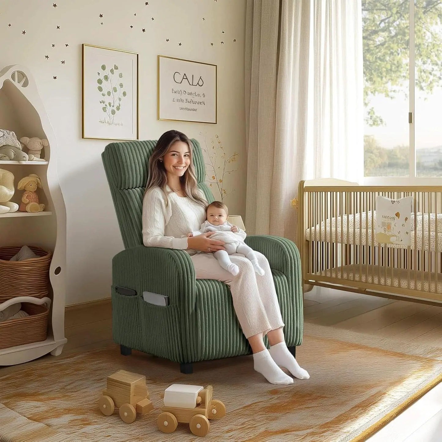 Corduroy Dark Green High-Back Armchair With Pockets from PriceLows™