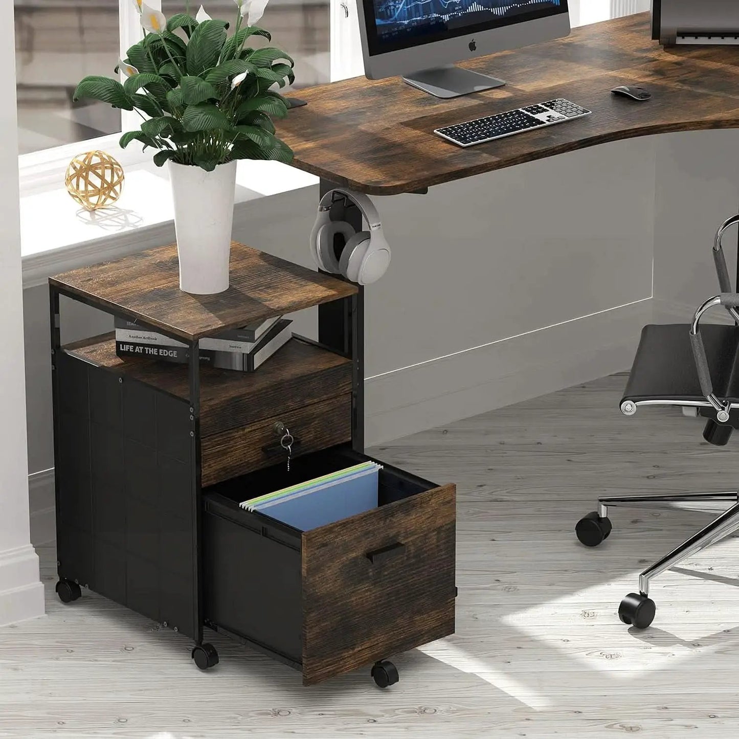 Rolling Mobile File Cabinet Drawers Open Shelf Rustic Brown from PriceLows™