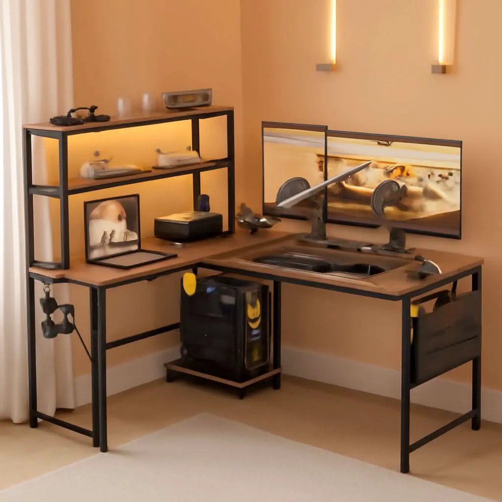 53 Inch L Shaped Desk With LED Lights And Power Outlet from PriceLows™