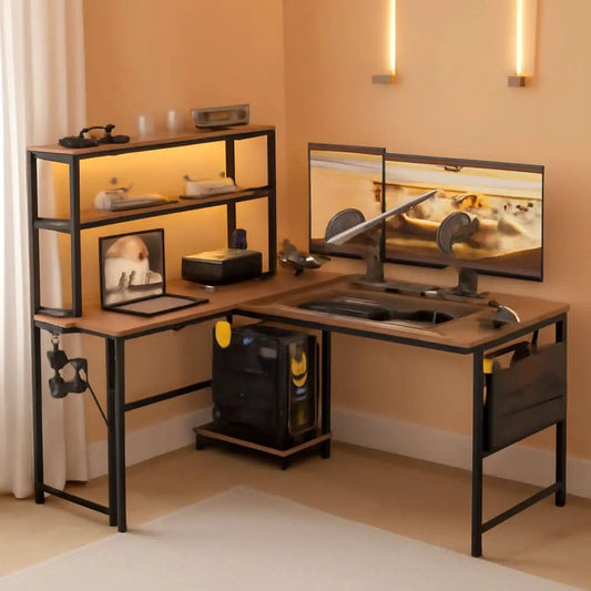 53 Inch L Shaped Desk With LED Lights And Power Outlet from PriceLows™