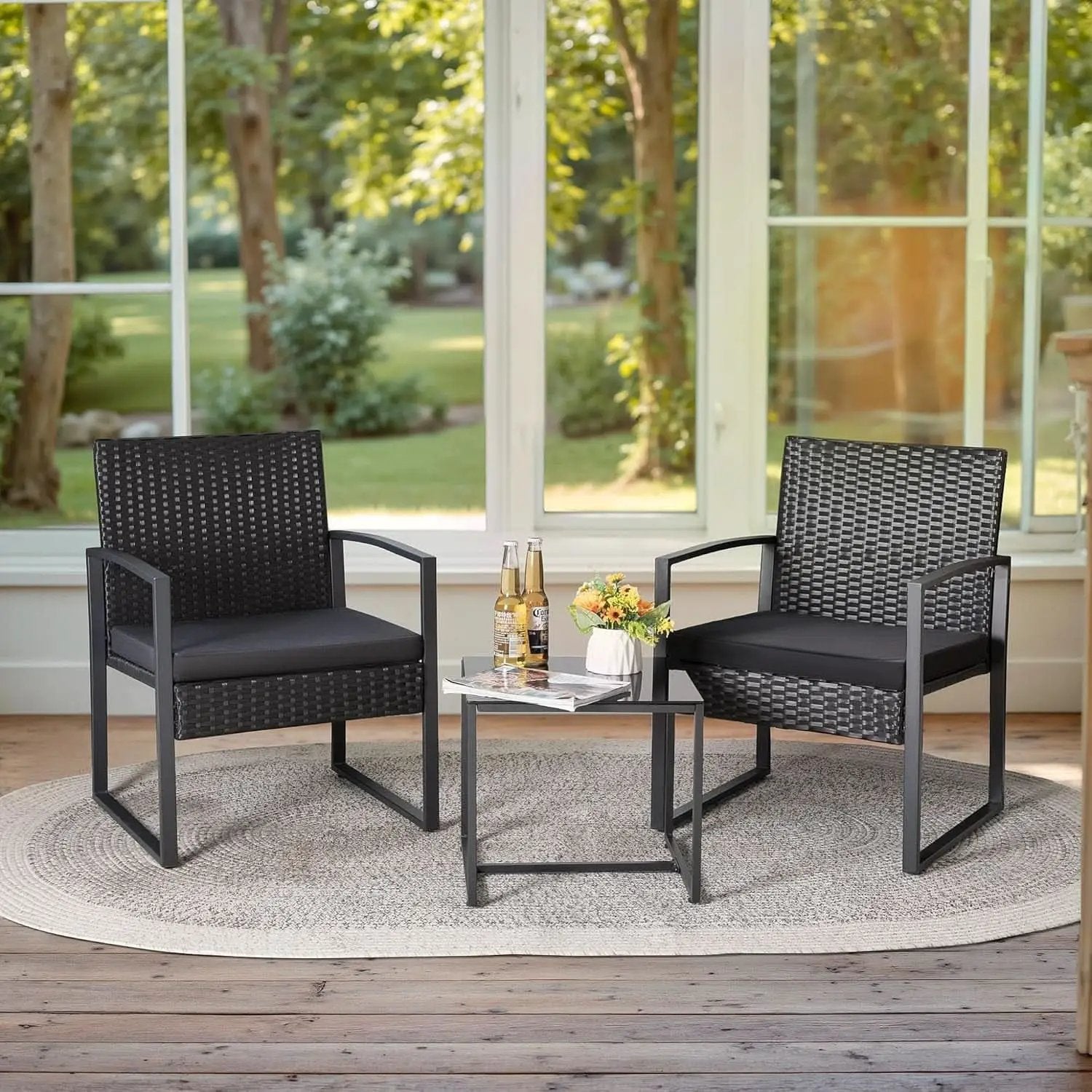 3 Piece Wicker Conversation Bistro Set Outdoor Patio Furniture Black Rattan Chairs Coffee Table For Garden Lawn Porch from PriceLows™