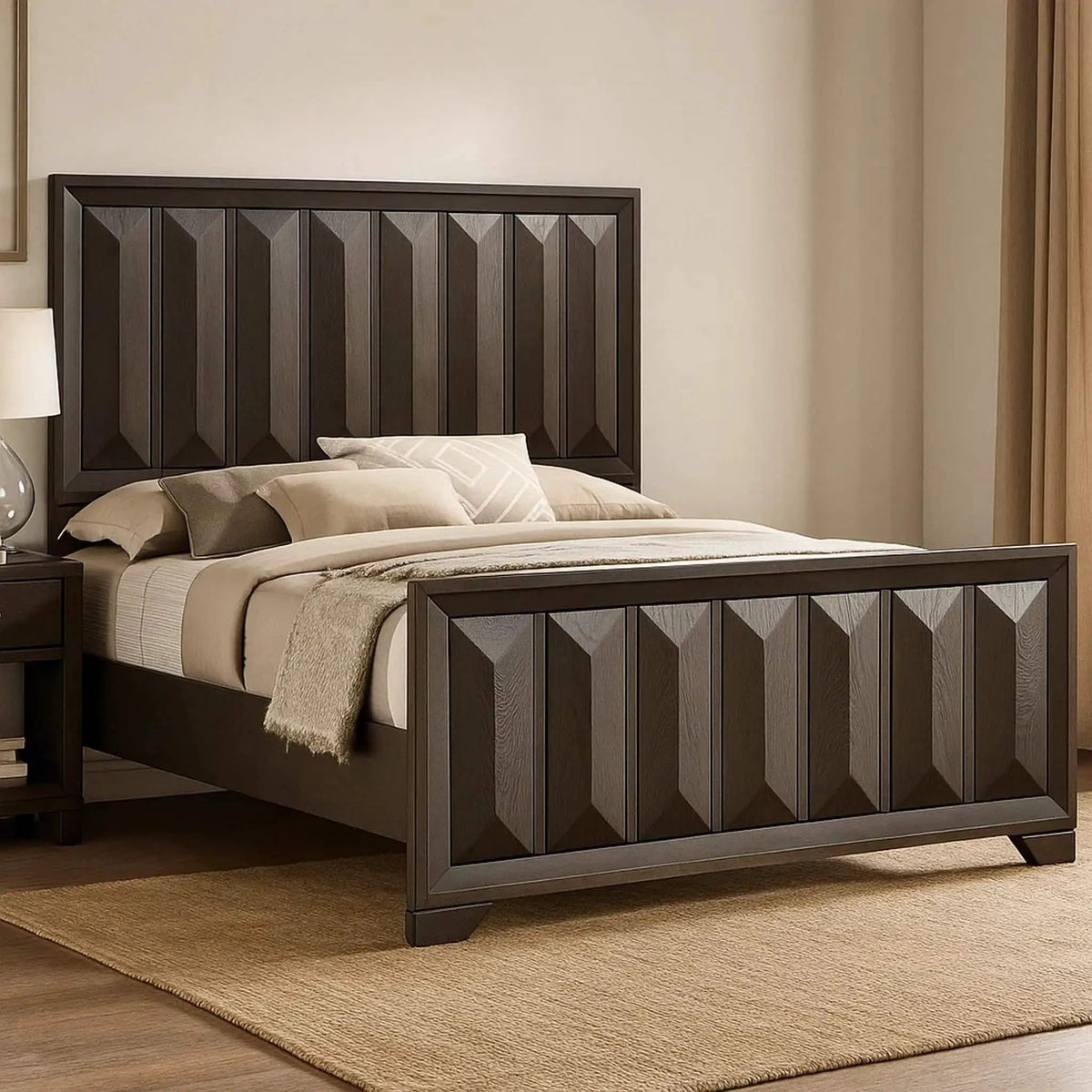 Panel Bed Headboard | Vertical Faceted Design | Transitional Style | Solid And Engineered Wood