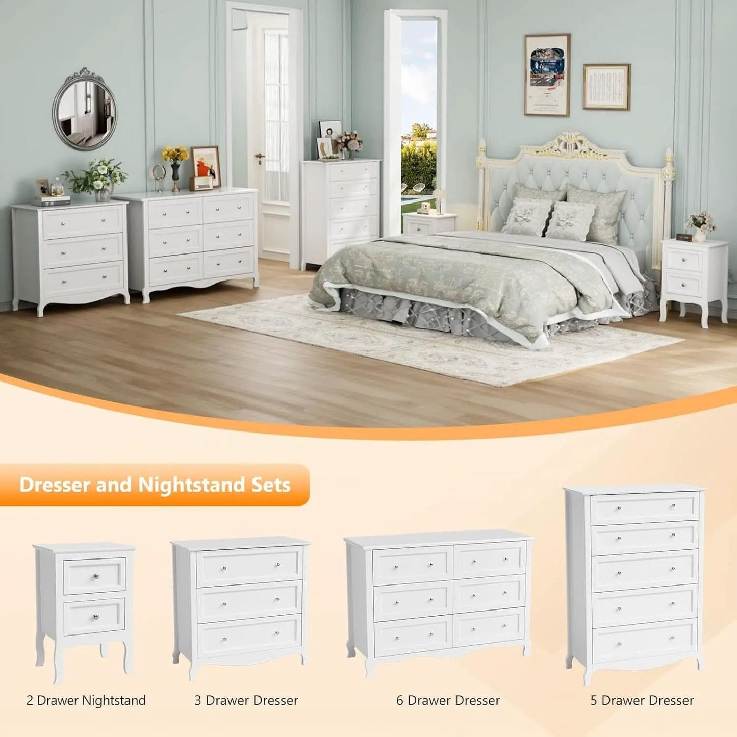 White Six Drawer Dresser Grooved Front ContouredProfile from PriceLows™