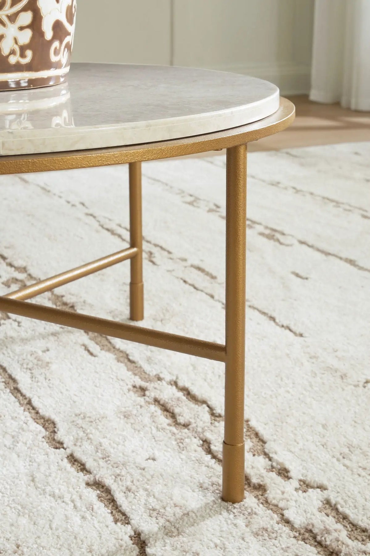 Alben Round End Table | Antiqued Goldtone Metal Frame | Natural Marble Top | 20.5 Inch Diameter