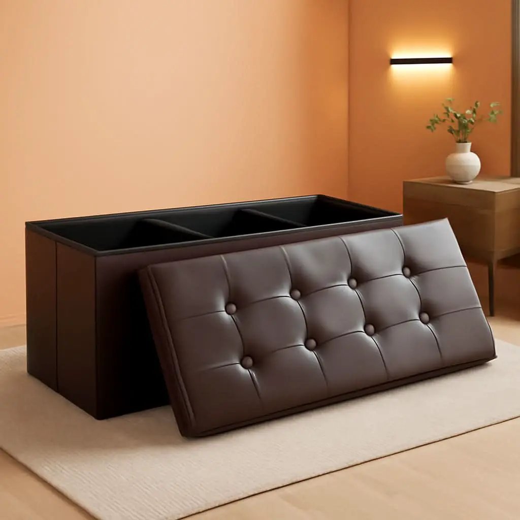 Forty Three Inches Folding Storage Ottoman Bench Brown Leather from PriceLows™