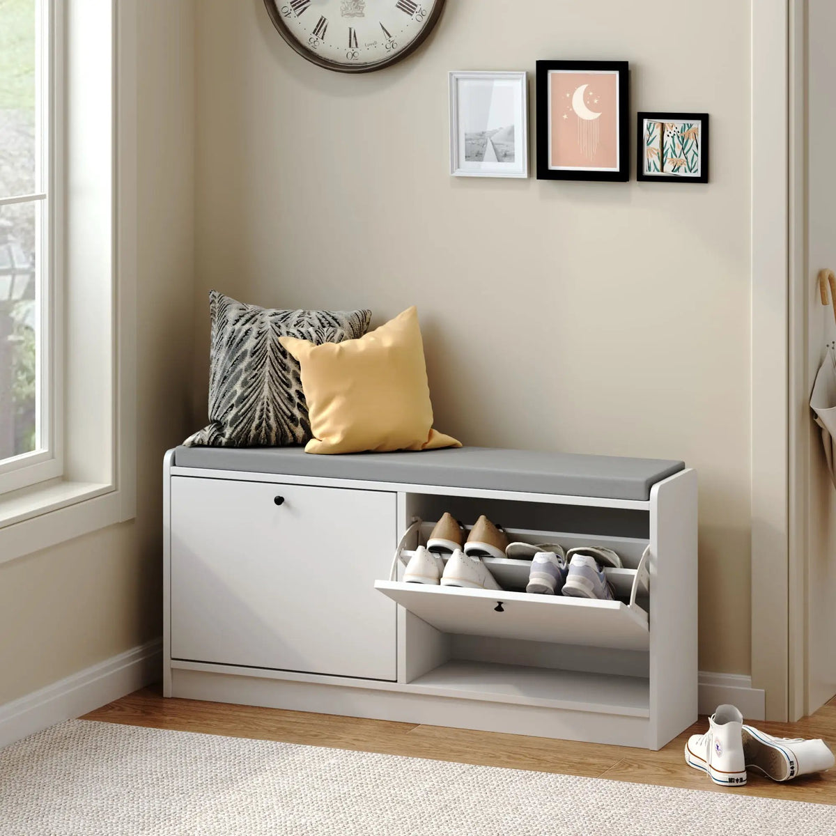 Shoe Storage Bench | Cushioned Seat | Adjustable Shelves | White