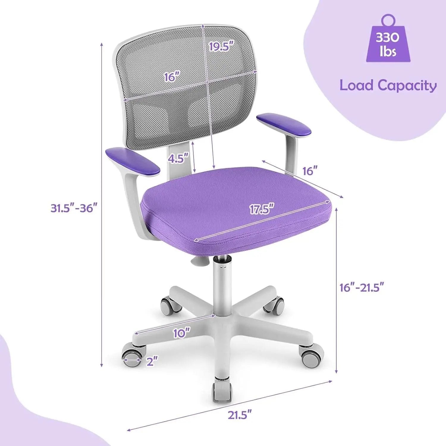 Kids Desk Chair Height Adjustable 16 To 21 Inches Violet from PriceLows™
