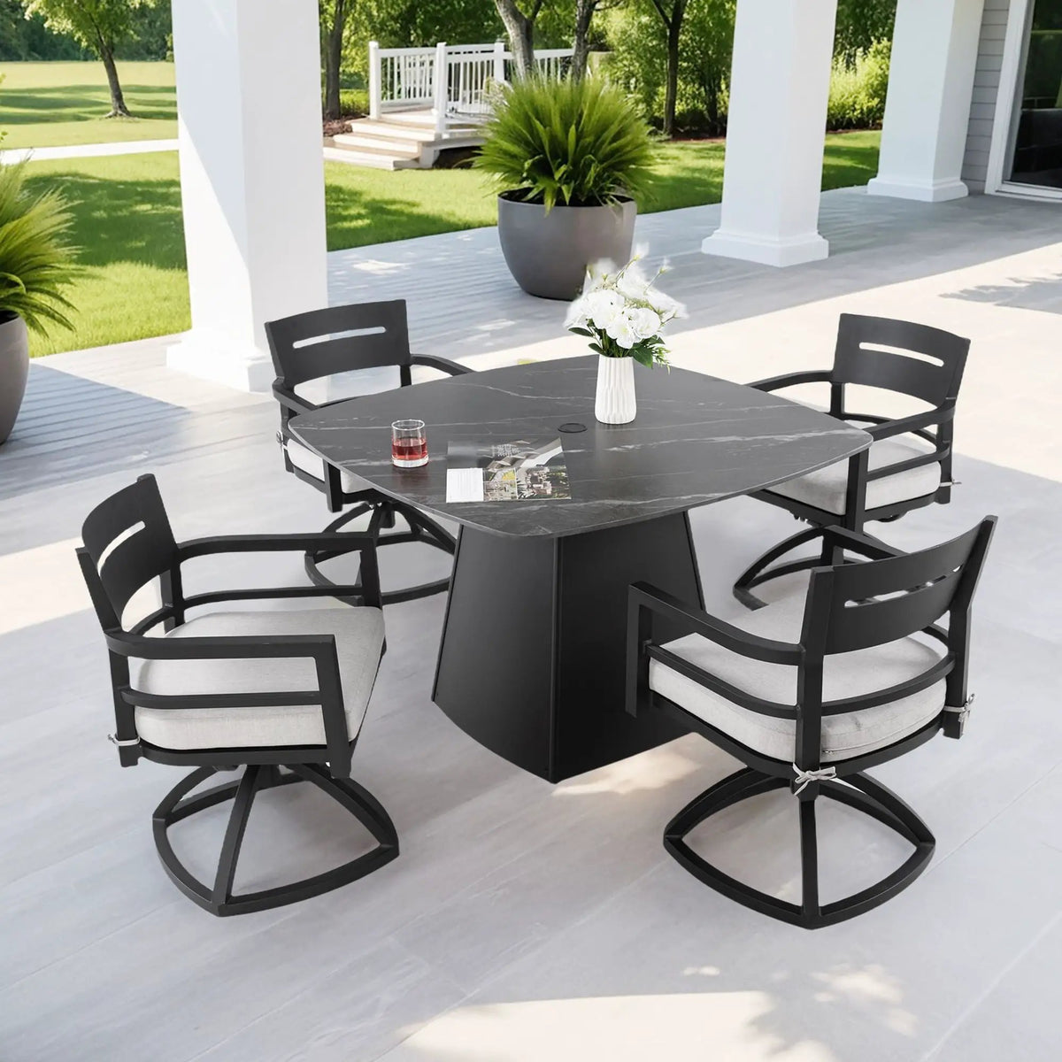 Outdoor Patio Dining Set | Squircle Sintered Stone Table | Sunbrella Cushion Chairs | Rust-Free Aluminum Frame