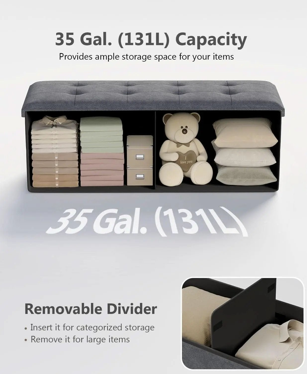 Charcoal Gray Classic Folding Storage Ottoman 43Inch from PriceLows™