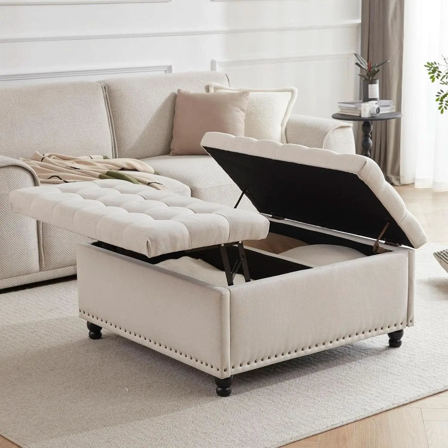 Beige Oversized Storage Ottoman Featuring Lift Top from PriceLows™