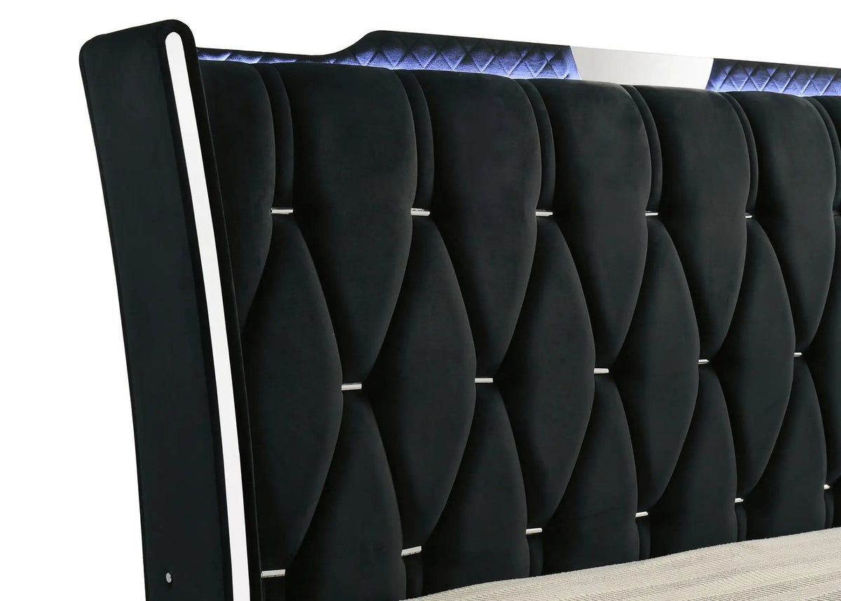 Lorient Queen LED Upholstered Wingback Bed | 80.25 x 92.5 x 63.25 in | Rubberwood & Engineered Wood | Black