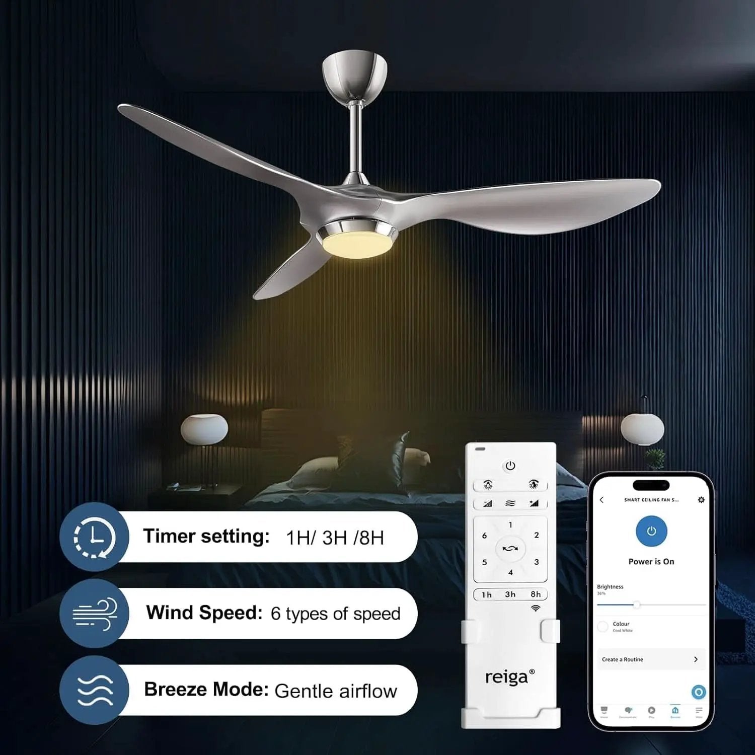 52 Inch Smart WiFi Ceiling Fan With Light And Remote Silver from PriceLows™