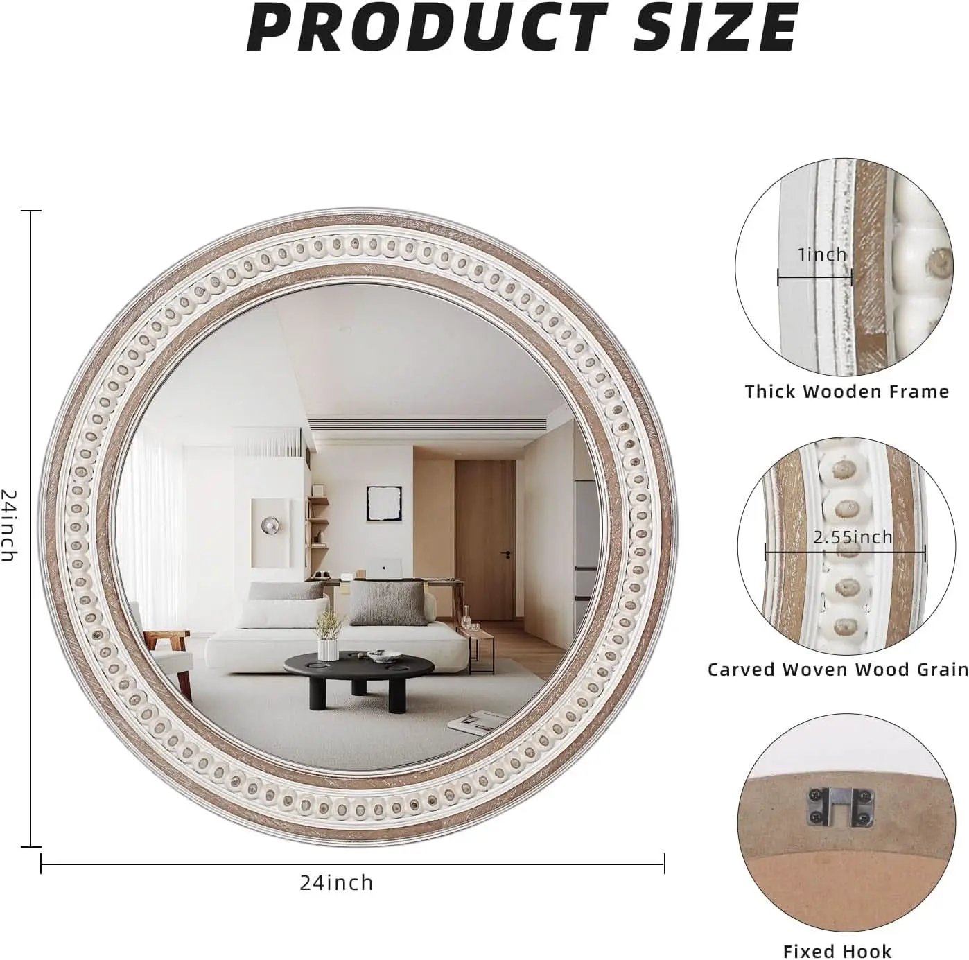 24 Inch Round Wood Bathroom Mirror Rustic Farmhouse Frame from PriceLows™