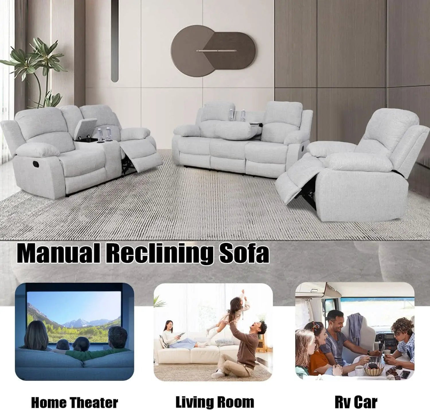 Grey Linen Recliner Sofa Set Featuring Drop Down Table from PriceLows™