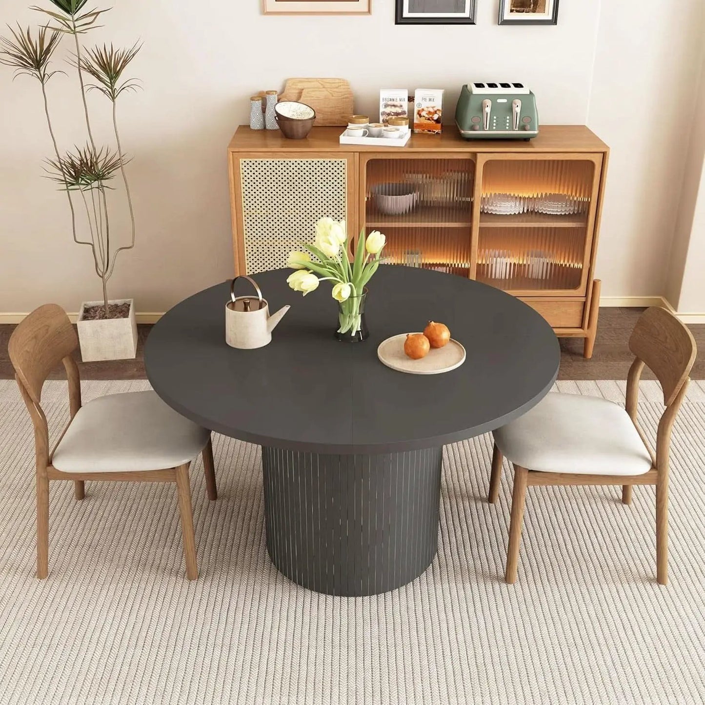 Round Dining Table For 4 47 Inch Black Wood Strip Base Kitchen Table from PriceLows™