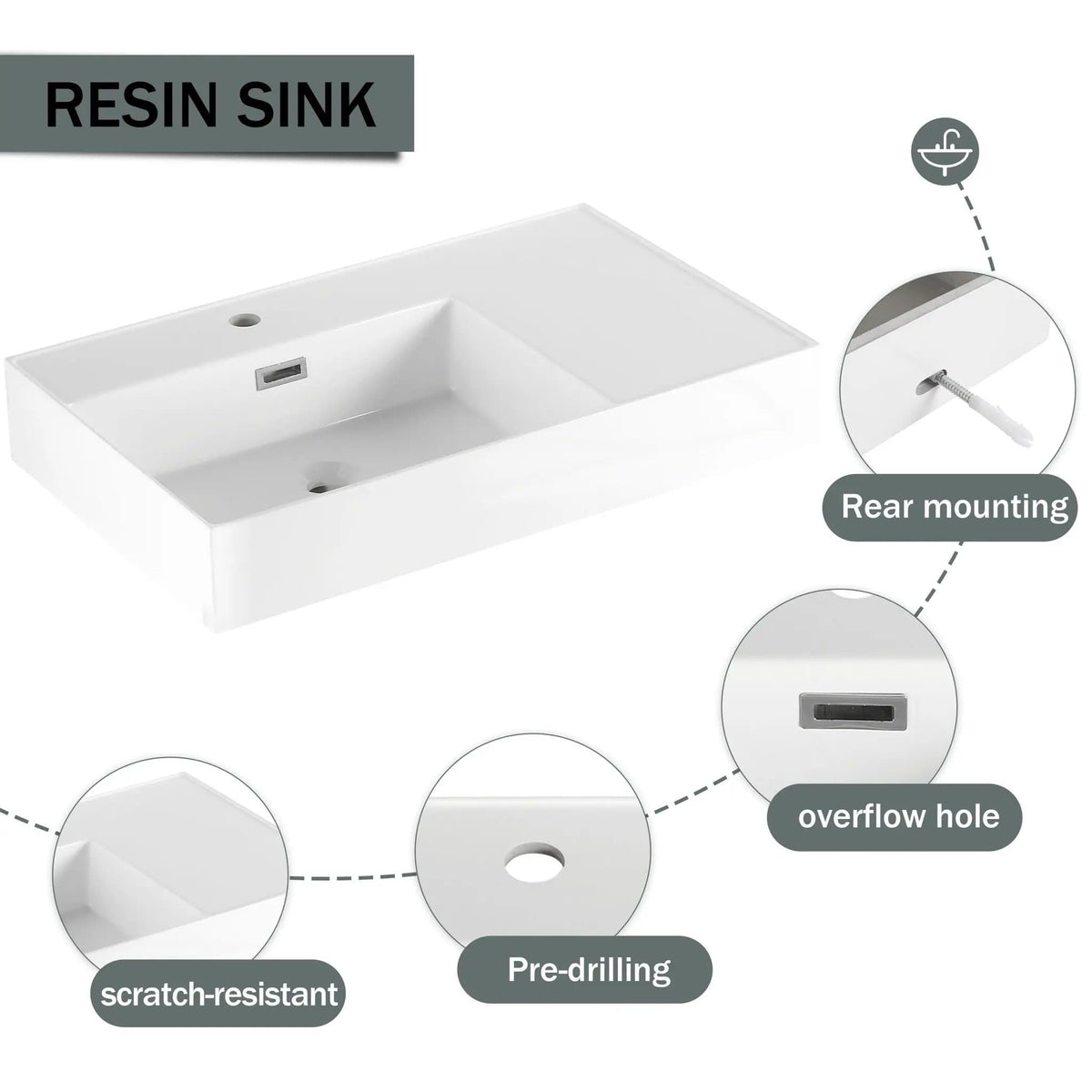 Modern Imitative Wall Mounted Bathroom Vanity With Resin Sink And Side Cabinet | 2 Pieces | Plywood & Resin | Bathroom