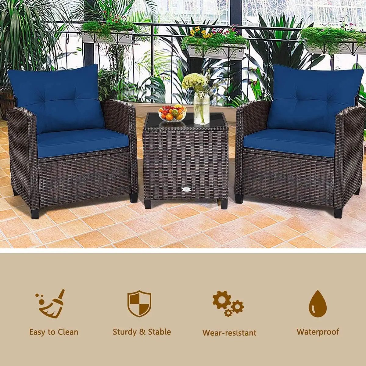 Three Piece Patio Furniture Set With Washable Cushions And Tempered Glass Tabletop Navy Blue from PriceLows™