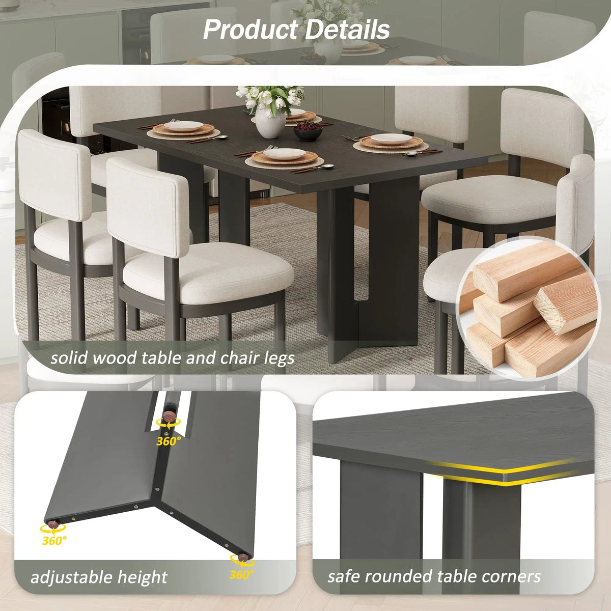 Dining Table Set | 60 Inch Rectangular | Six Upholstered Chairs
