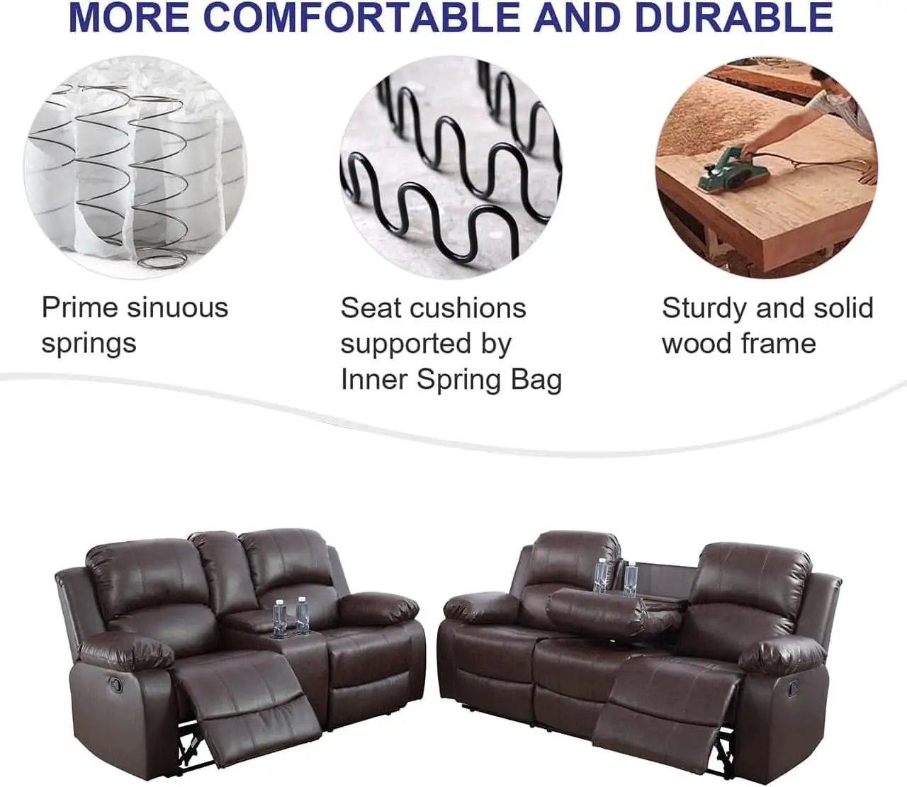 Bonded Leather Living Room Sofa Set With Reclining Sofa And Loveseat Brown from PriceLows™