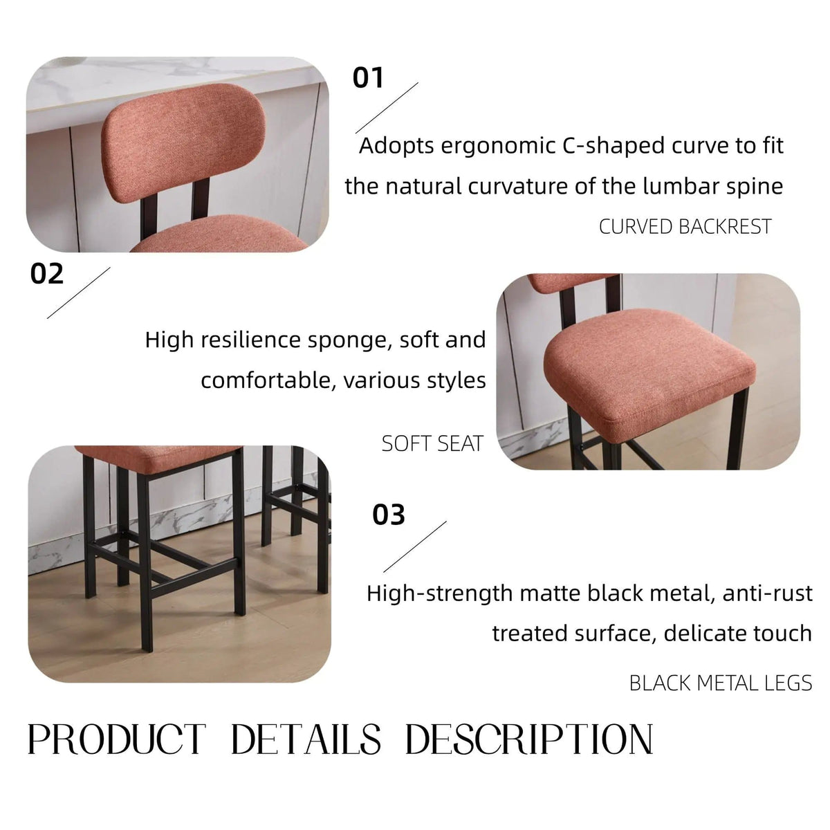 Modern Counter Height Stools (Set of 2) | 2 Pieces | Fabric & Metal | Home