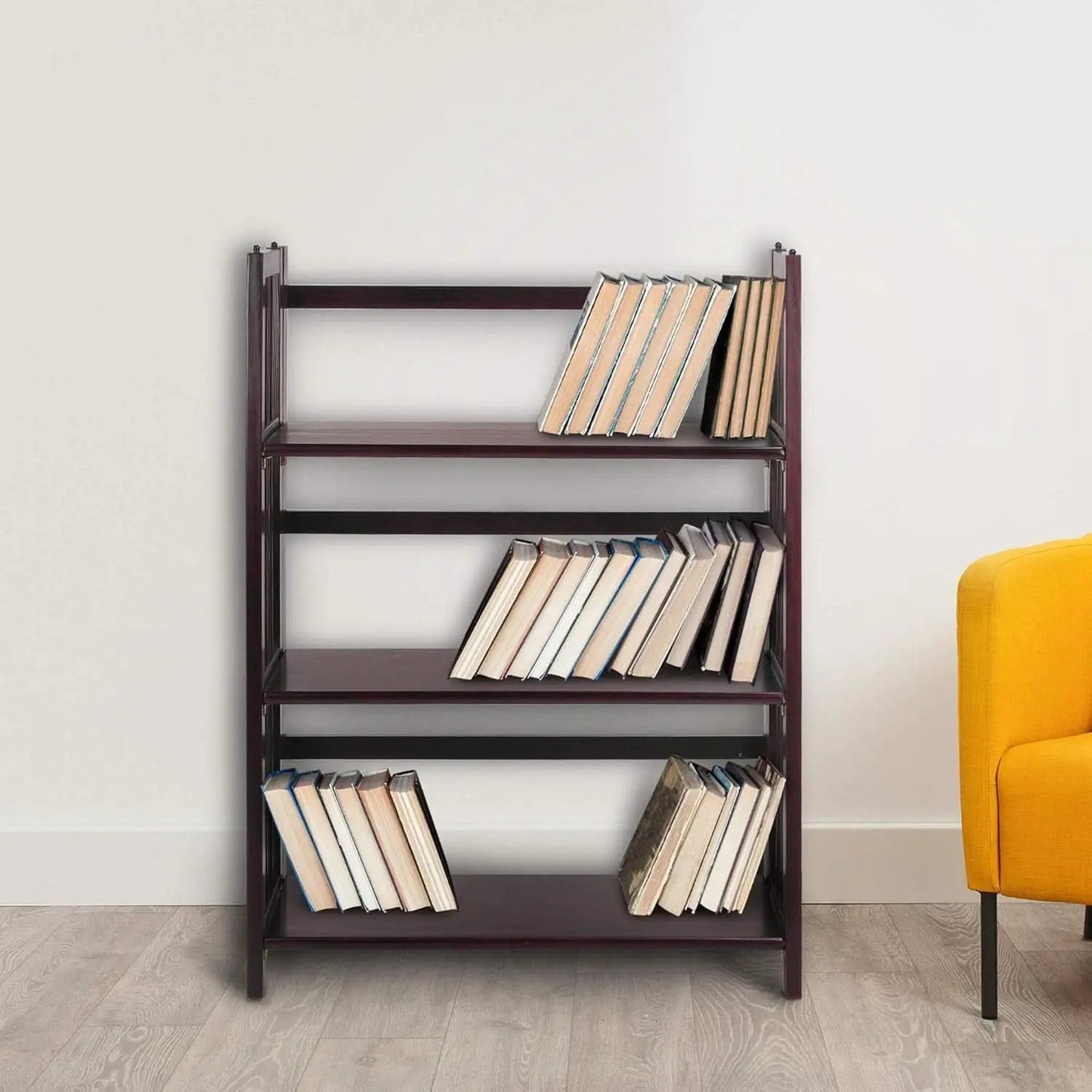 Three Shelf Folding Stackable Bookcase 27.5 Inch Wide Espresso Wood Home Office Storage from PriceLows™