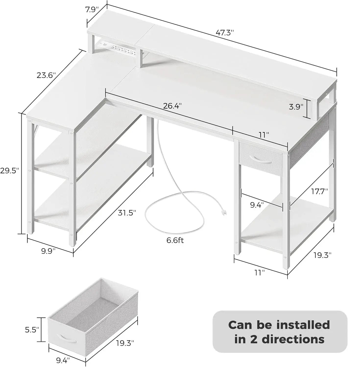 47 Inch White L Shaped Desk With LED Power Drawer Unit from PriceLows™