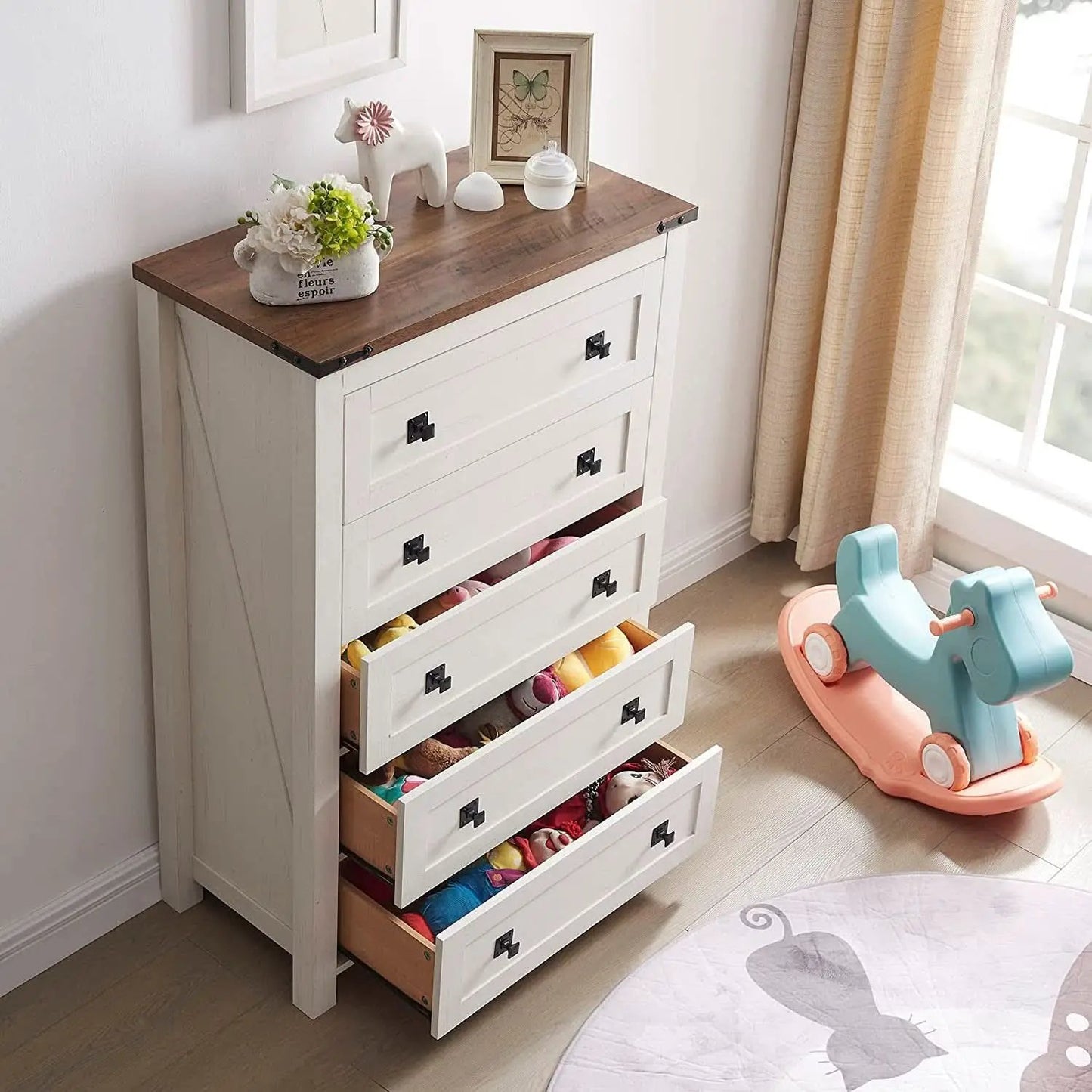 Antique White Rustic 5 Drawer Dresser For Bedroom Storage from PriceLows™