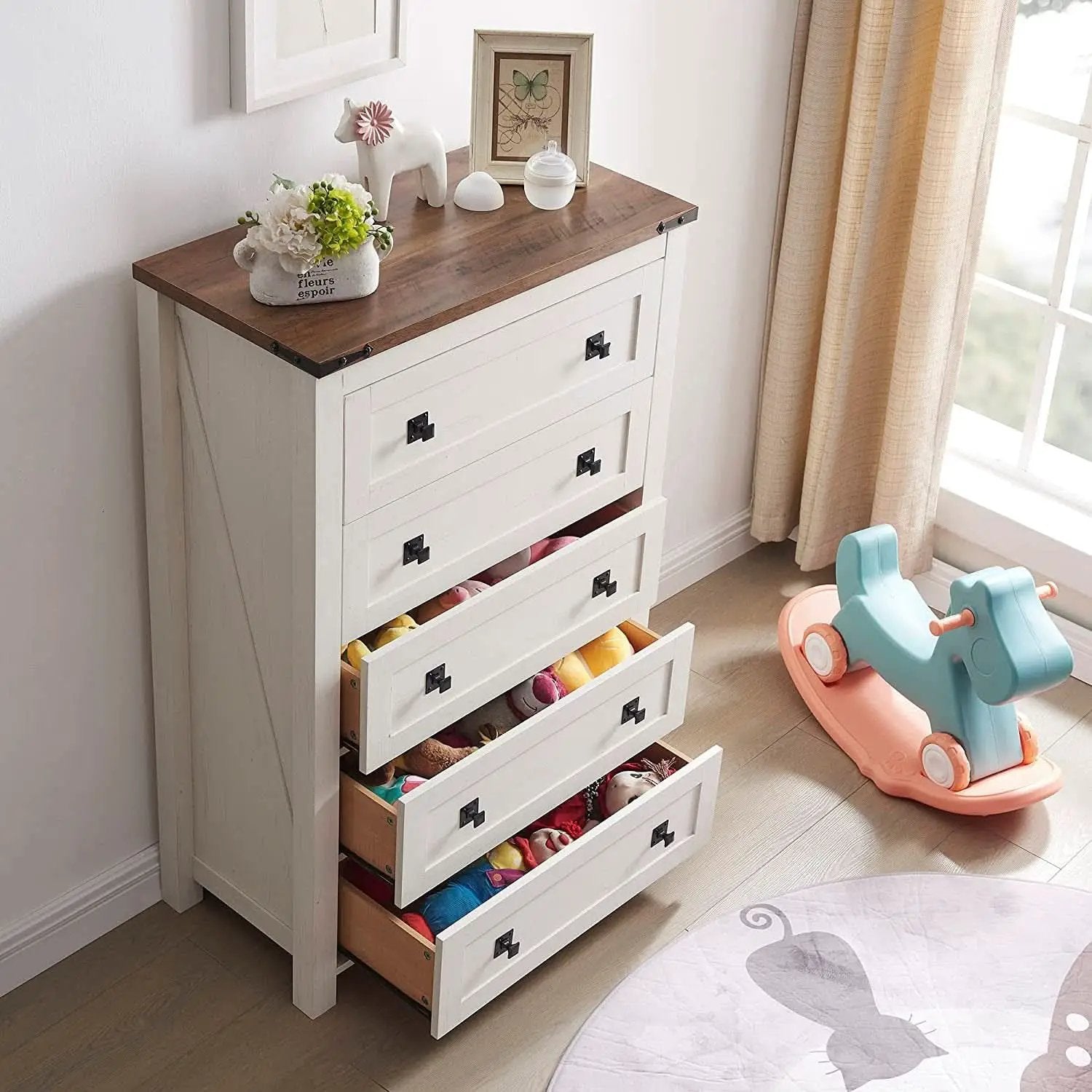 Antique White Rustic 5 Drawer Dresser For Bedroom Storage from PriceLows™
