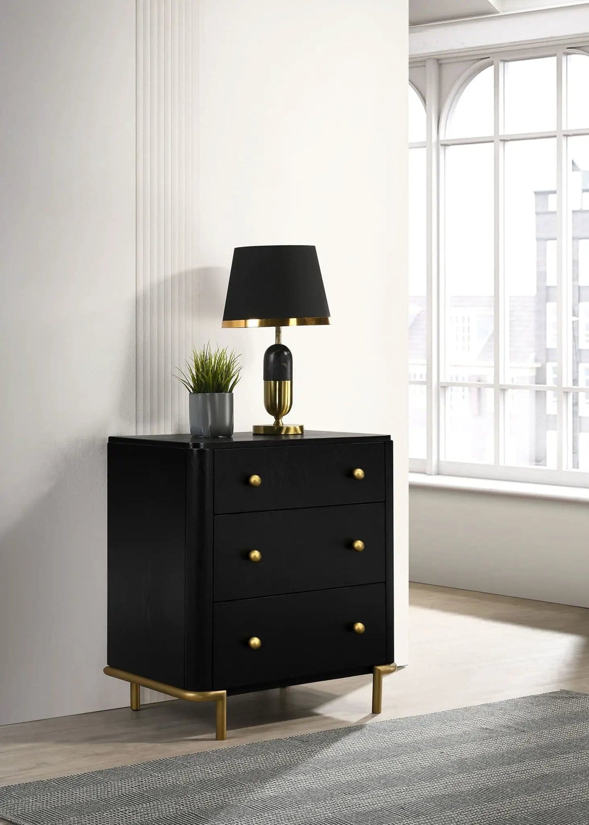 Arini 3-drawer Nightstand | 26 x 18 x 29 in | Metal & Veneer | Black