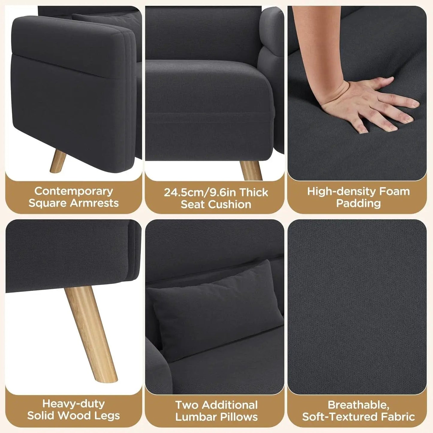 46-Inch Small Modern Fabric Loveseat Dark Gray Solid Wood Legs from PriceLows™