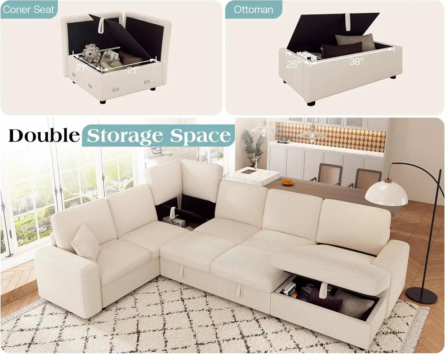 130 Inch Beige Corduroy Sectional Sofa Bed Storage Compartment from PriceLows™