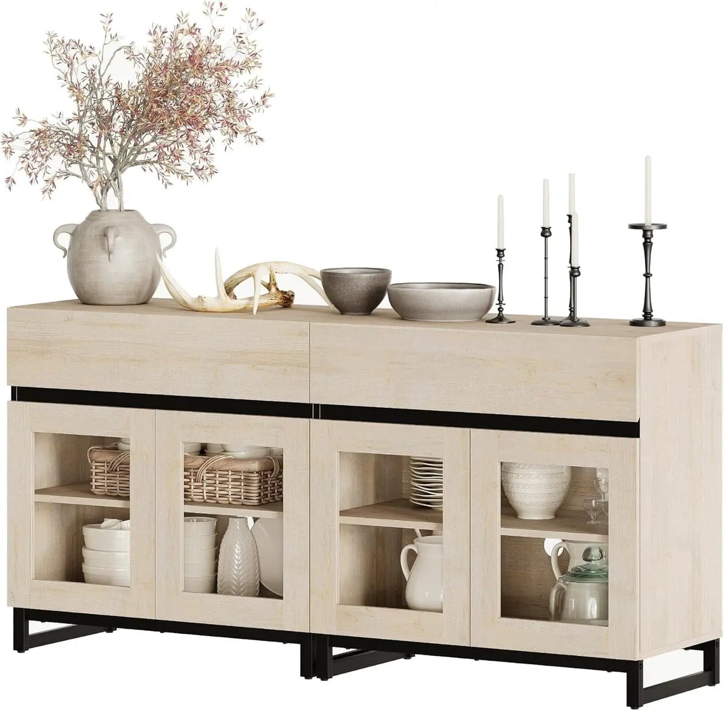 Oak Sideboard Buffet With Glass Doors Light Finish from PriceLows™
