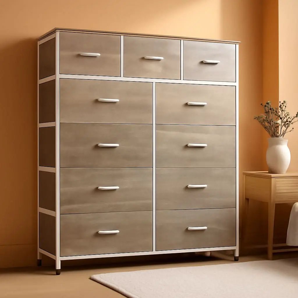 Tall Fabric Dresser Storage Tower 11 Drawer Greige Bedroom from PriceLows™