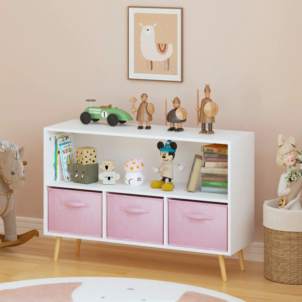Bookcase With Collapsible Drawers | Three Fabric Drawers | Tip-Over Restraint | Book Display Organizer