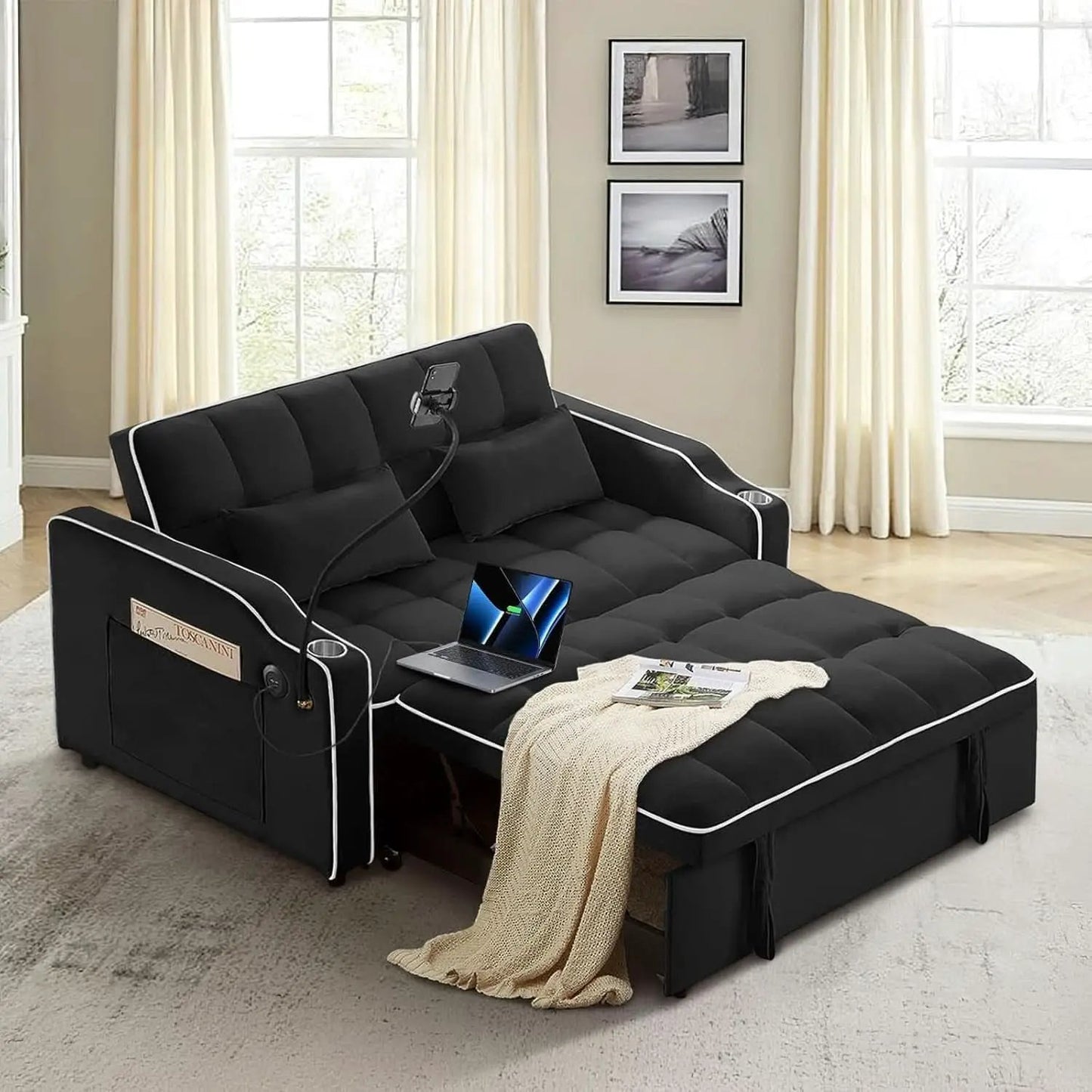 Black Velvet Luxe Sleeper Sofa Bed USB Charging Port from PriceLows™