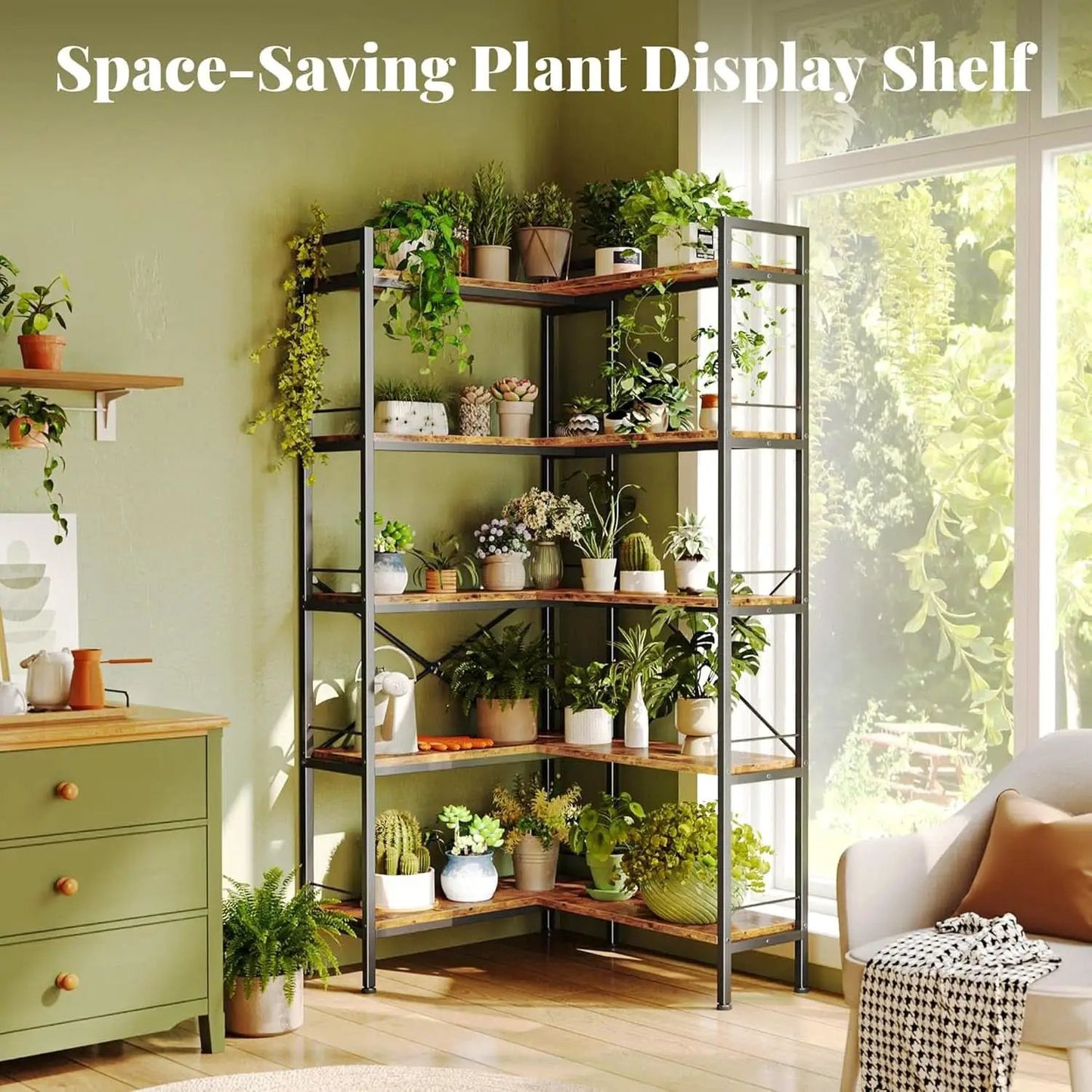 L Shaped Corner Bookshelf 49 Inch Rustic Brown Wood Metal Frame from PriceLows™