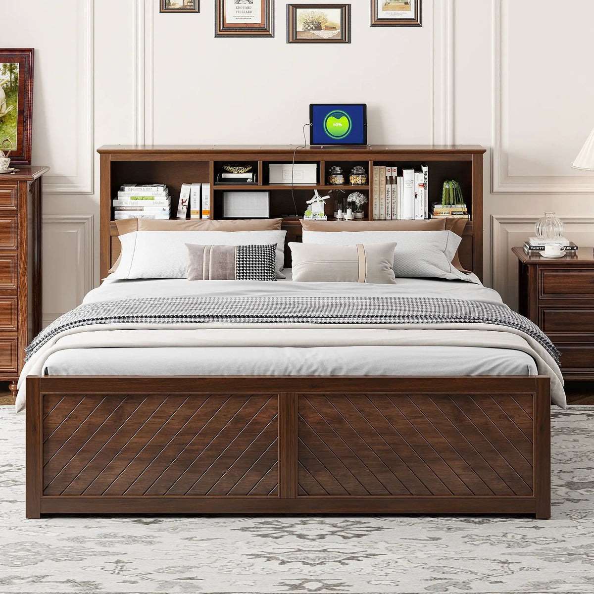 Platform Bed | Storage Headboard | USB Outlets | Solid Pine