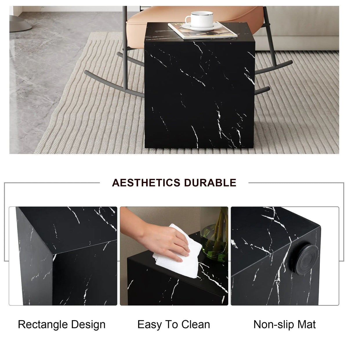 Luxurious Marble Texture Coffee Table Cube Design Elegant Living Room Accent - | 15.7 x 15.7 x 15.7 in | Marble & Mdf | Black